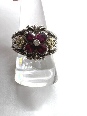Barbara Bixby 925 SS 18K Gold Rhodolite Garnet White Topaz Floral Ring Size 8.5